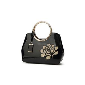 3381 Top-handle Handbags Purse Embroidered Flower Pattern Patent PU Tote